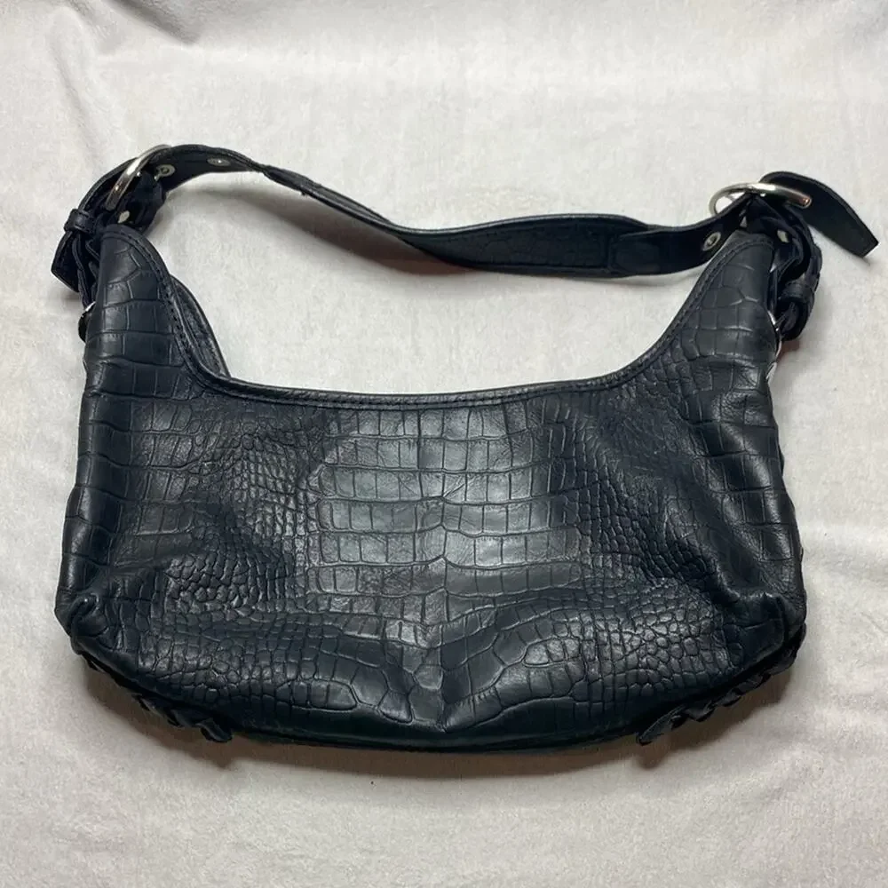 Stuart Weitzman Black Crocodile-Embossed Leather Hobo Bag Silver Hardware